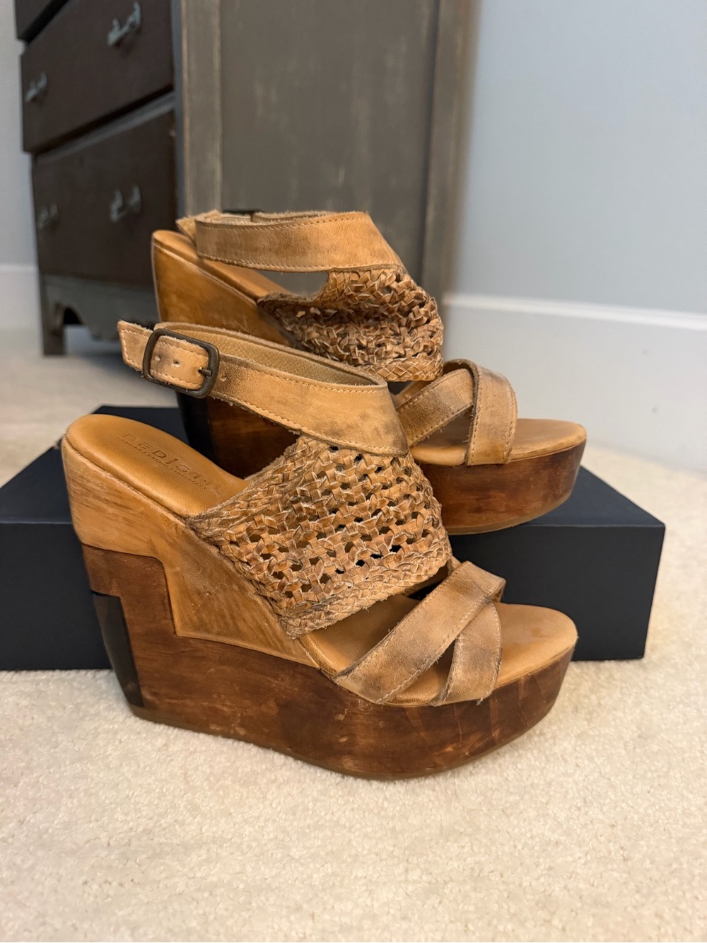 Bed Stu Tan Woven Leather Platform Wedge Sandals